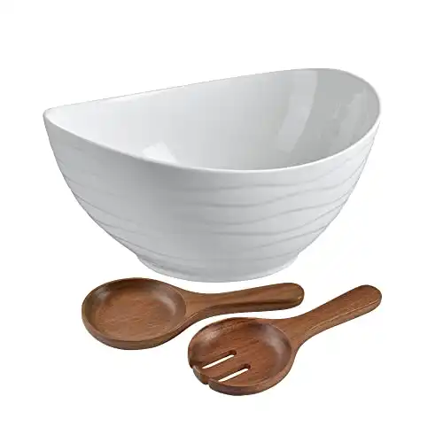 KITEISCAT Extra Large Elegant Ceramic Oval Salad Bowl Set with Premium Acacia Wood Salad Serving Utensils