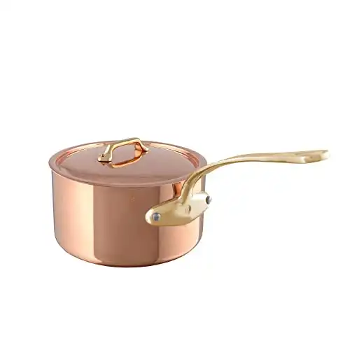 Mauviel M’200 B 2mm Polished Copper & Stainless Steel Sauce Pan With Lid, And Brass Handles, 2.6-qt, Made in France