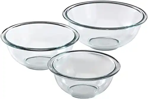 Pyrex Smart Essentials 3-Piece Prepware Mixing Bowl Set, 1-Qt, 1.5-Qt ,and 2.5-Qt Glass Mixing Bowls, Dishwasher, Microwave and Freezer Safe