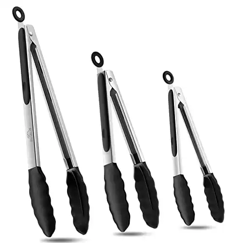 Bnlcd Kitchen Tongs, Premium Stainless Steel Locking Cooking Tongs with Silicone Tips, Non-Slip Food Tongs for Cooking, Heavy Duty, Non-Stick, 480 , Set of 3-7" 9" and 12" Black