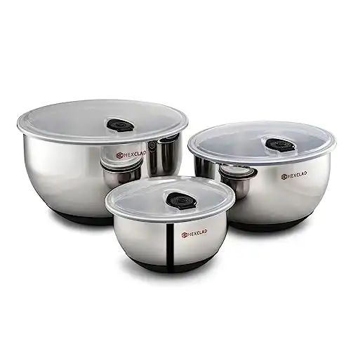 HexClad Stainless Steel Mixing Bowl Set, 3-Piece with Vacuum Seal Lids and Non-Slip Base