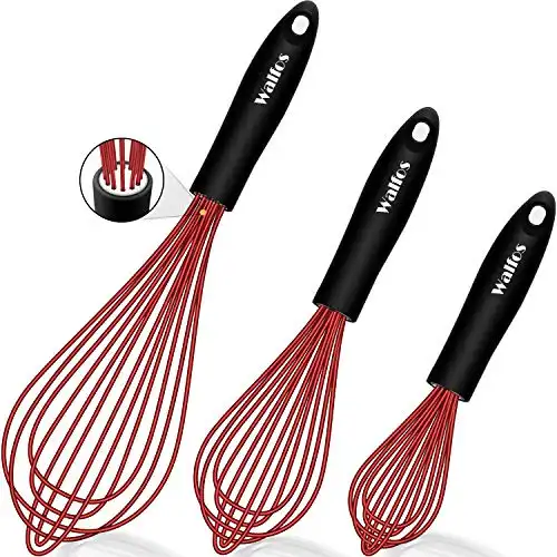 Walfos Silicone Whisk, Non Scratch Coated Whisks- Heat Resistant Kitchen Whisks for Cooking Non Stick Cookware, Balloon Egg Beater Perfect for Blending, Whisking, Beating, Set of 3