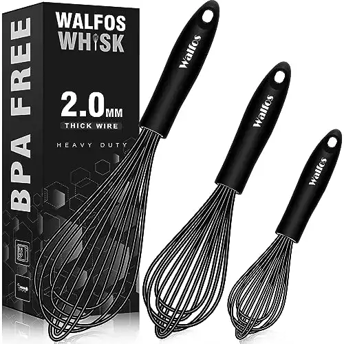 Walfos Silicone Whisk, Stainless Steel Wire Whisk Set of 3 -Heat Resistant Kitchen Whisks for Non-stick Cookware, Balloon Egg Beater Perfect for Blending, Whisking, Beating, Frothing & Stirring, B...