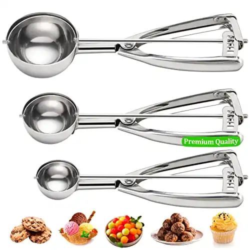 Cookie Scoop Set of 3 - Ice Cream Scoop with Trigger Include 1.5 Tbsp / 2.8 Tbsp / 5.4 Tbsp - 18/8 Stainless Steel Heavy Duty Cookie Dough Scoop for Baking Melon Baller Meatball Cupcake Muffin