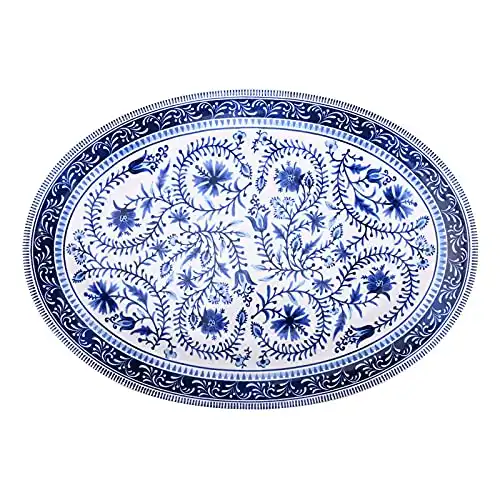 Sonemone Blue Marrakesh Tile Floral Serving Platter, 14 Inch Oval Serving Platter, Ceramic Party Serving Dishes for Entertaining, Turkey, Pizza, Microwave & Dishwasher Safe