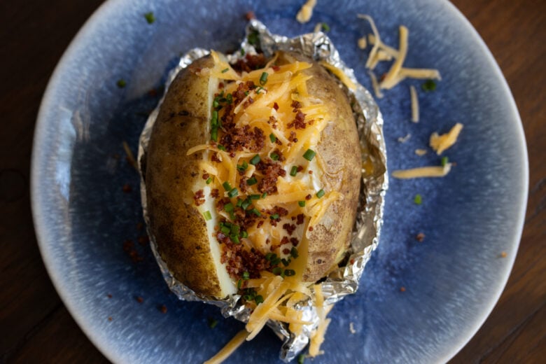 Oven Baked Potatoes on a blue plate