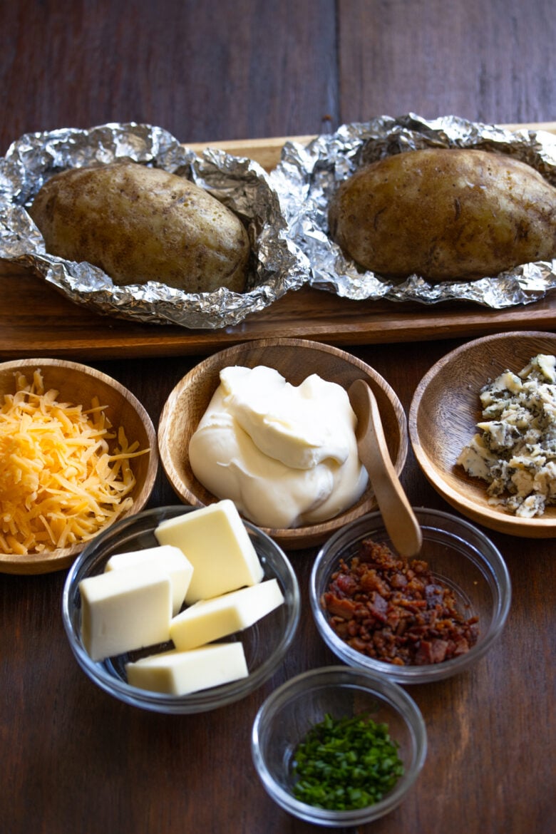 oven baked potatoes with all the toppings ready