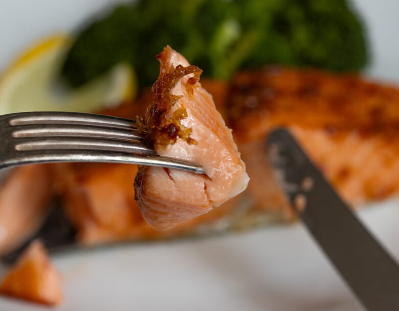 salmon bite on a fork