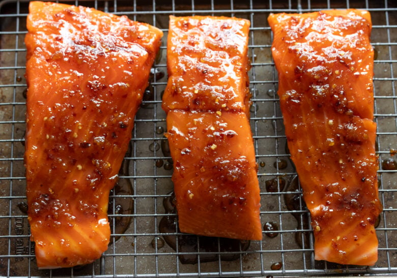 salmon fillets basted with maple syrup