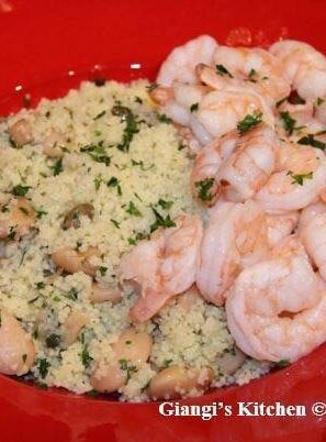 Chile shrimps with butter beans and lemony couscous