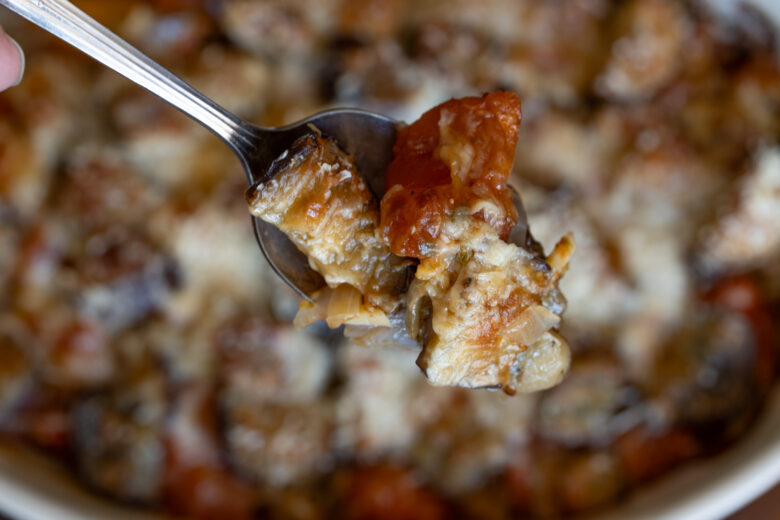 eggplant gratin on a serving spoon