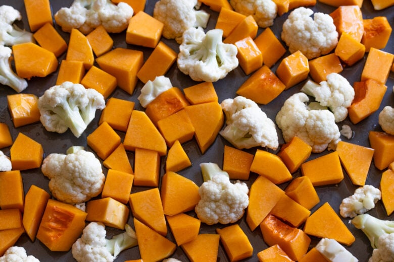 butternut squash and cauliflower florets cut up