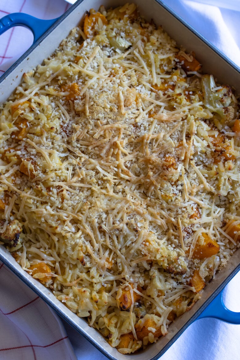 gratin butternut squash, cauliflower and orzo pasta