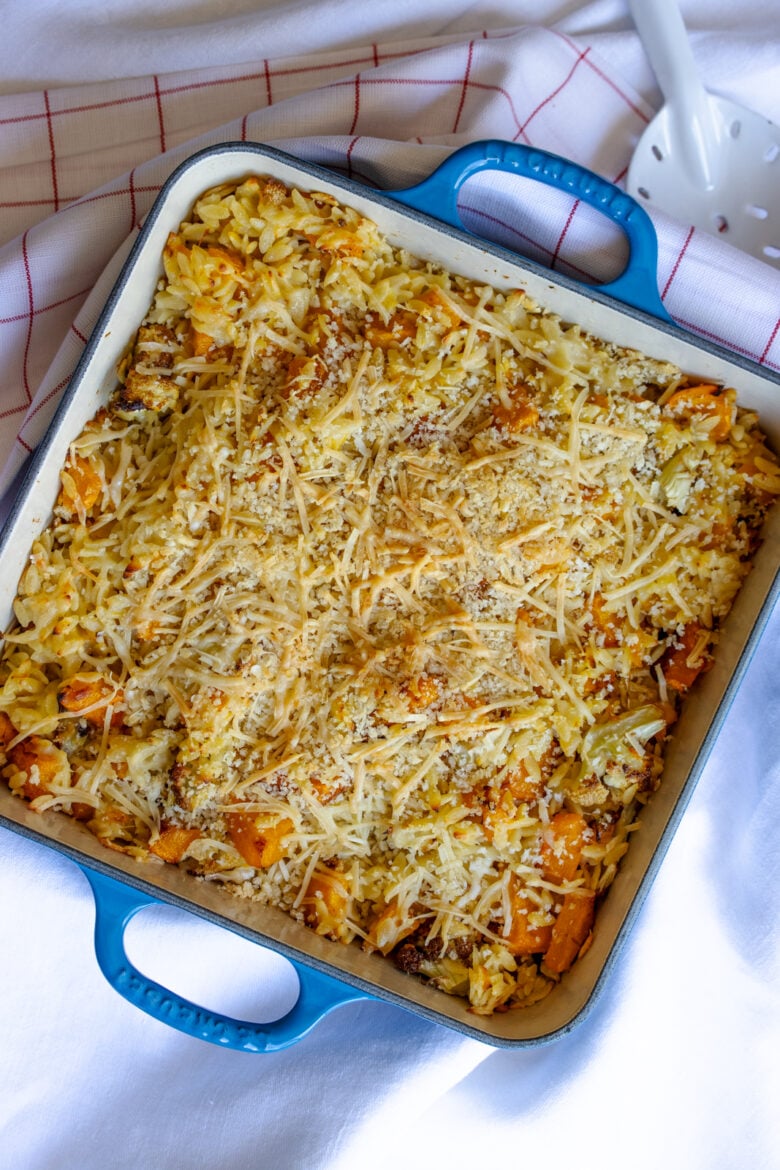 gratin butternut squash, cauliflower and orzo pasta