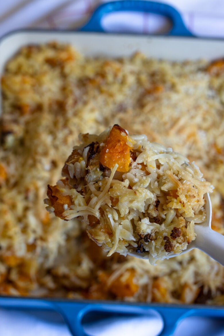 butternut gratin on a spoon close up