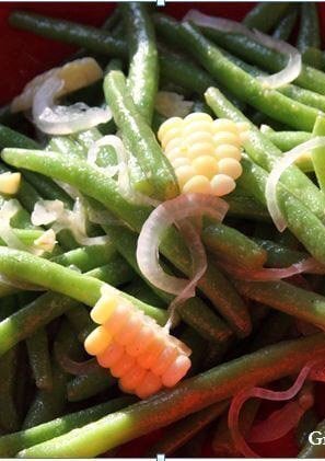 green beans, corn, onions