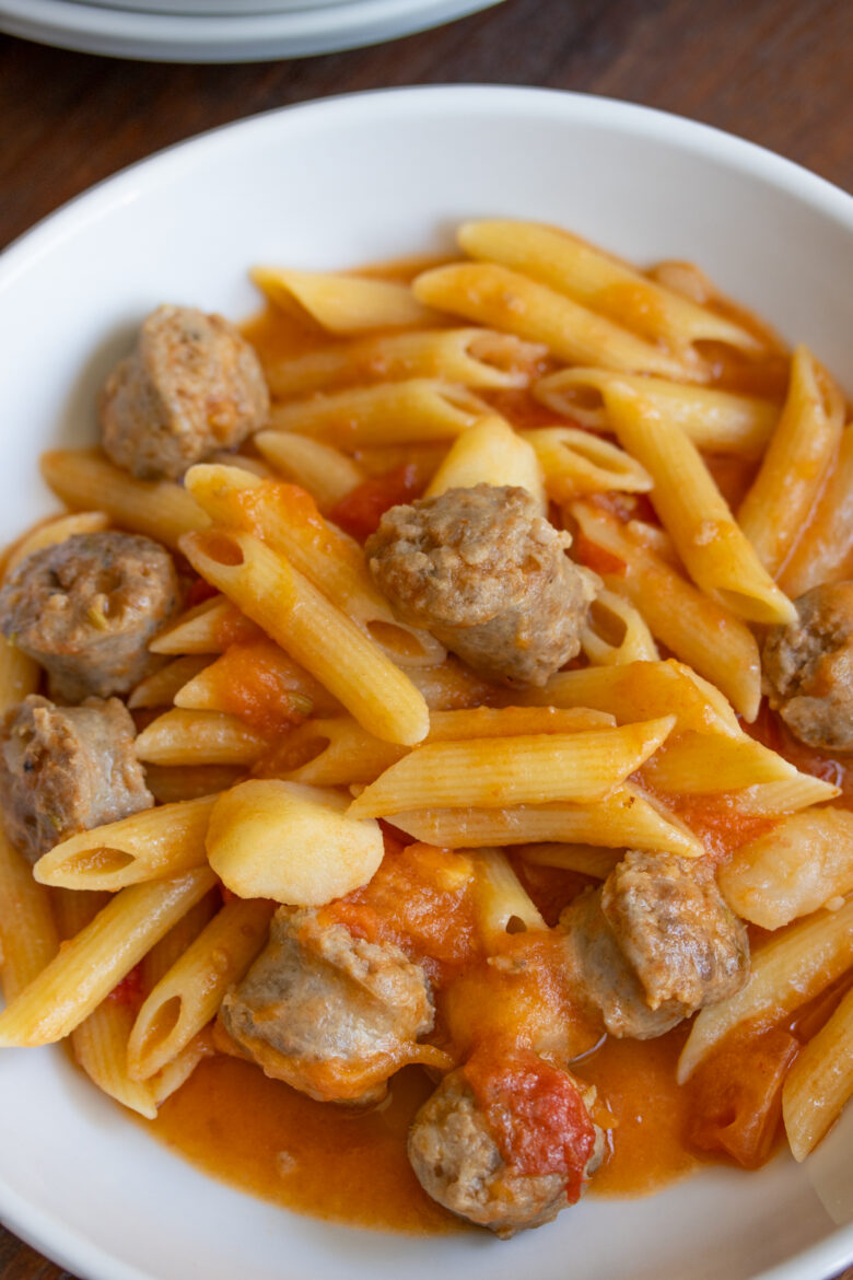 PENNE PASTA WITH SAUSAGE, TOMATOES AND POTATOES