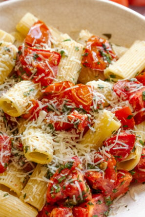 Rigatoni with Roasted Tomatoes served on a plate