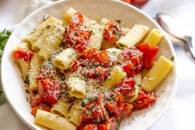 Rigatoni with Roasted Tomatoes served on a plate