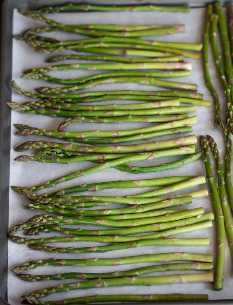 asparagus single layer on a cookie sheet