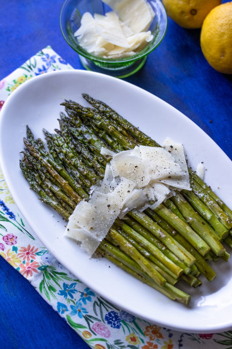 Roasted Parmesan Asparagus on a serving platter 