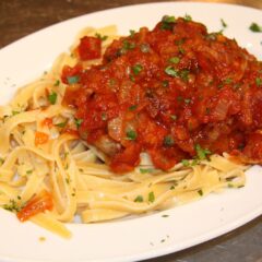 swordfish with wine, tomatoes, capers and fettuccine