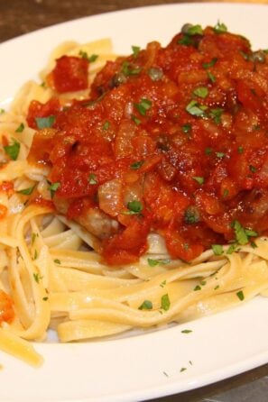 swordfish with wine, tomatoes, capers and fettuccine