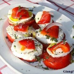 tomatoes, mozzarella, roasted bell peppers