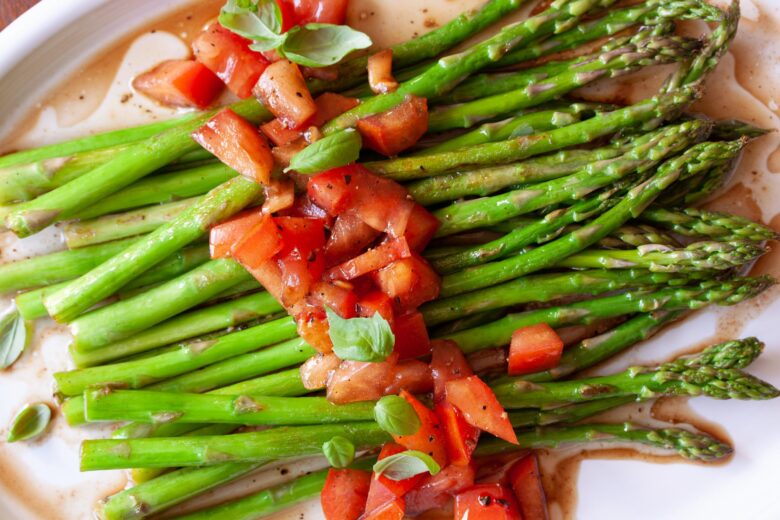 Asparagus with Balsamic Vinaigrette on a plate