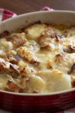 bacon, onions, raclette potato gratin