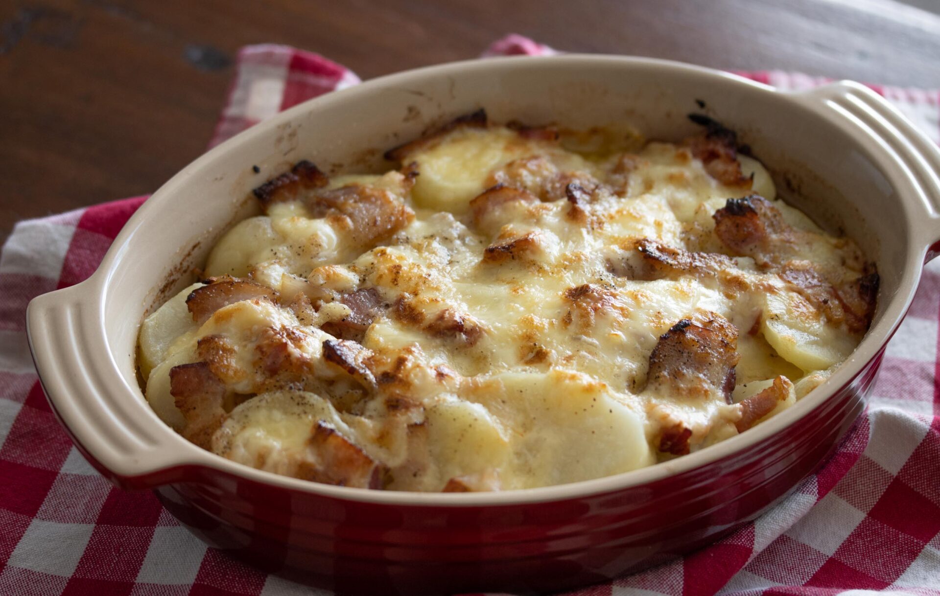 bacon, onions, raclette potato gratin