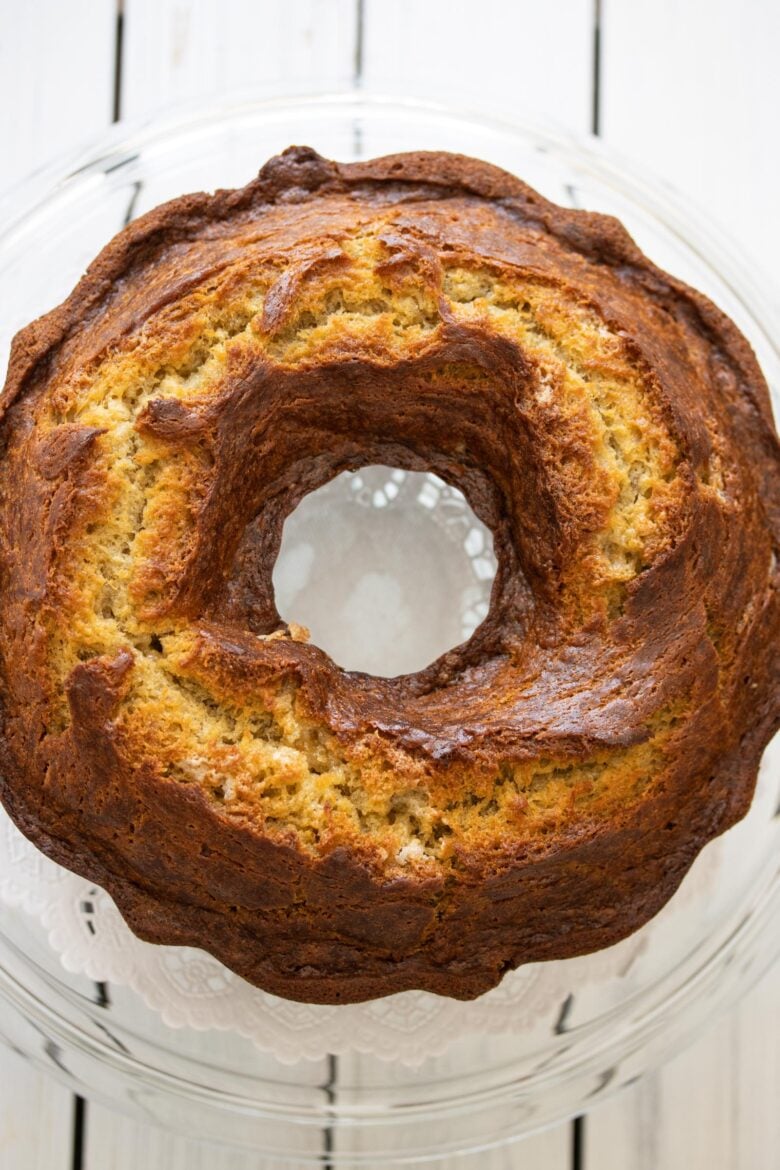 top view of the banana cake on a stand