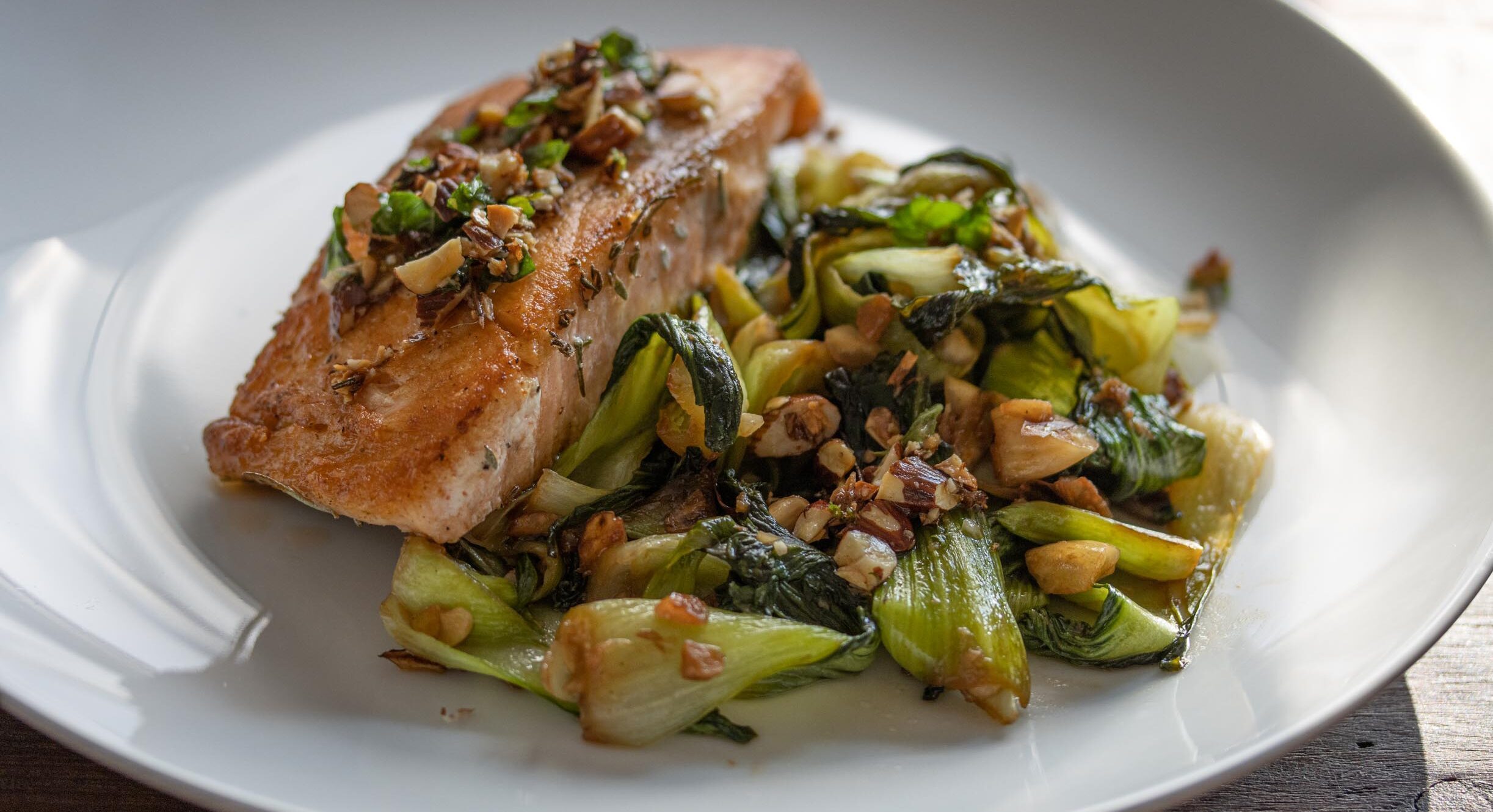 Salmon with steamed bok choy and almond