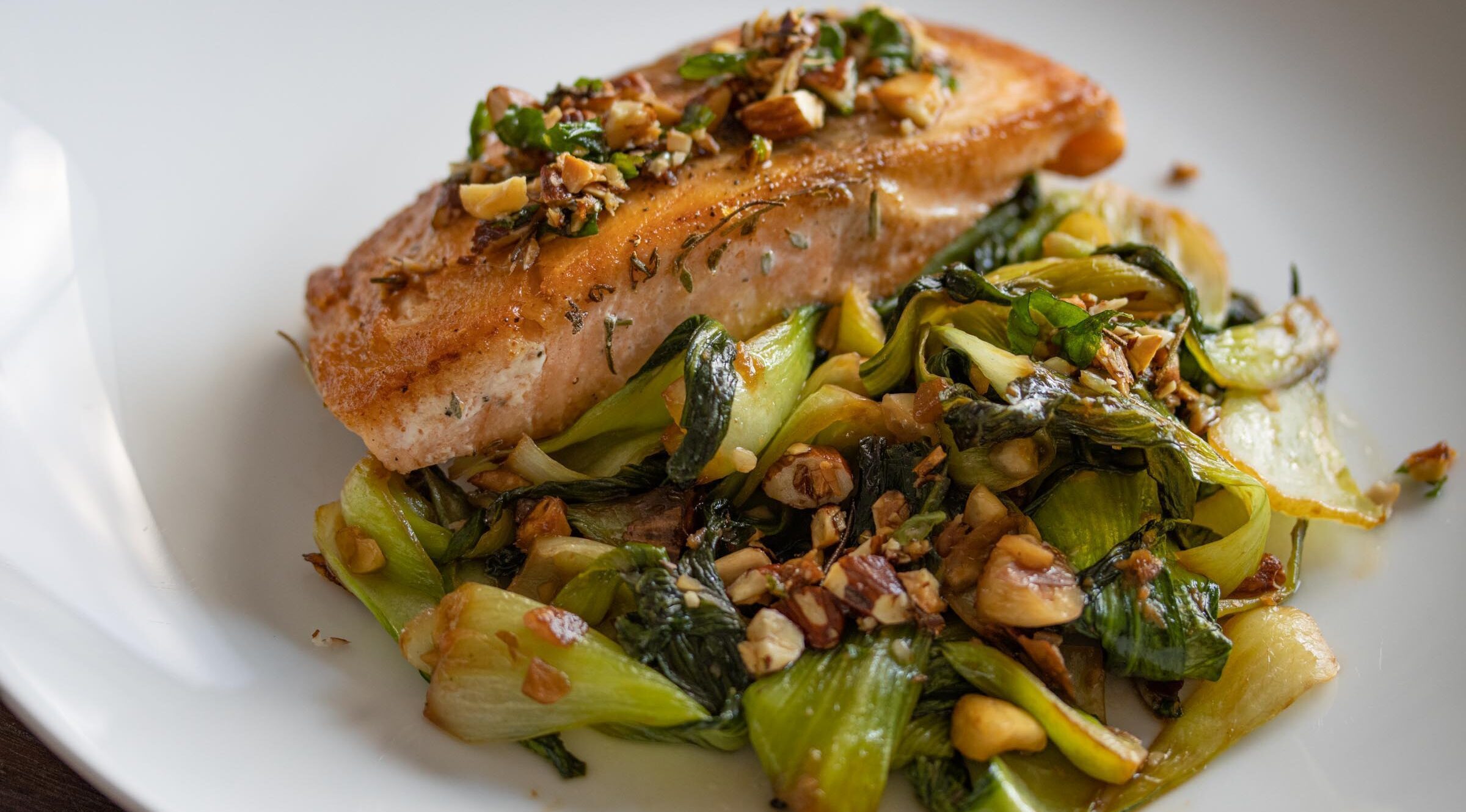 Salmon with steamed bok choy and almond