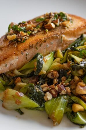 Salmon with steamed bok choy and almond