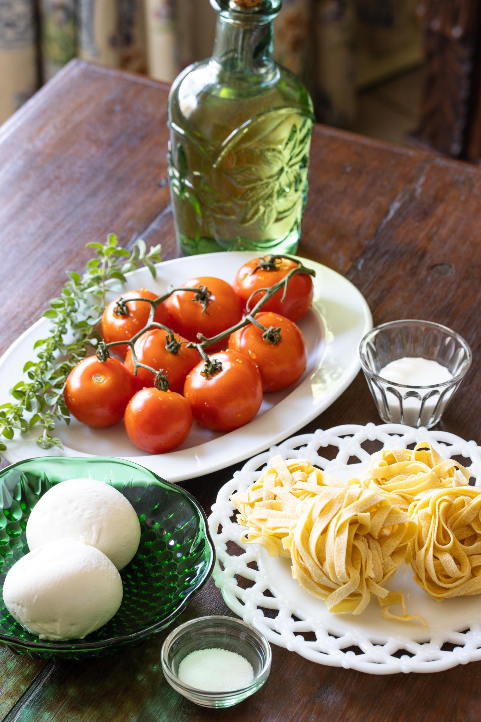 Burrata Cheese with Roasted Tomatoes and Fettuccine