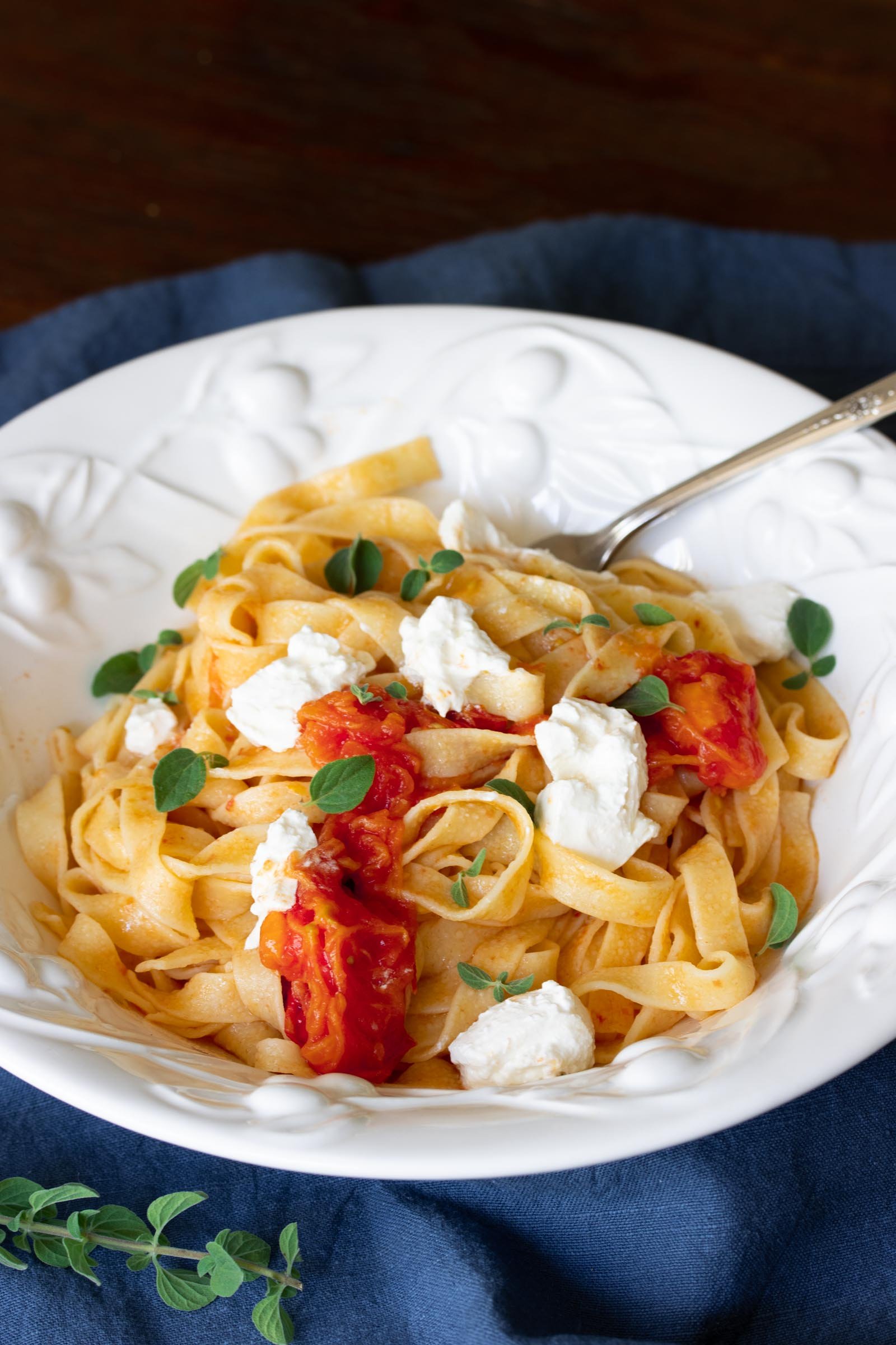 Burrata Cheese with Roasted Tomatoes and Fettuccine