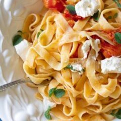 Burrata Cheese with Roasted Tomatoes and Fettuccine