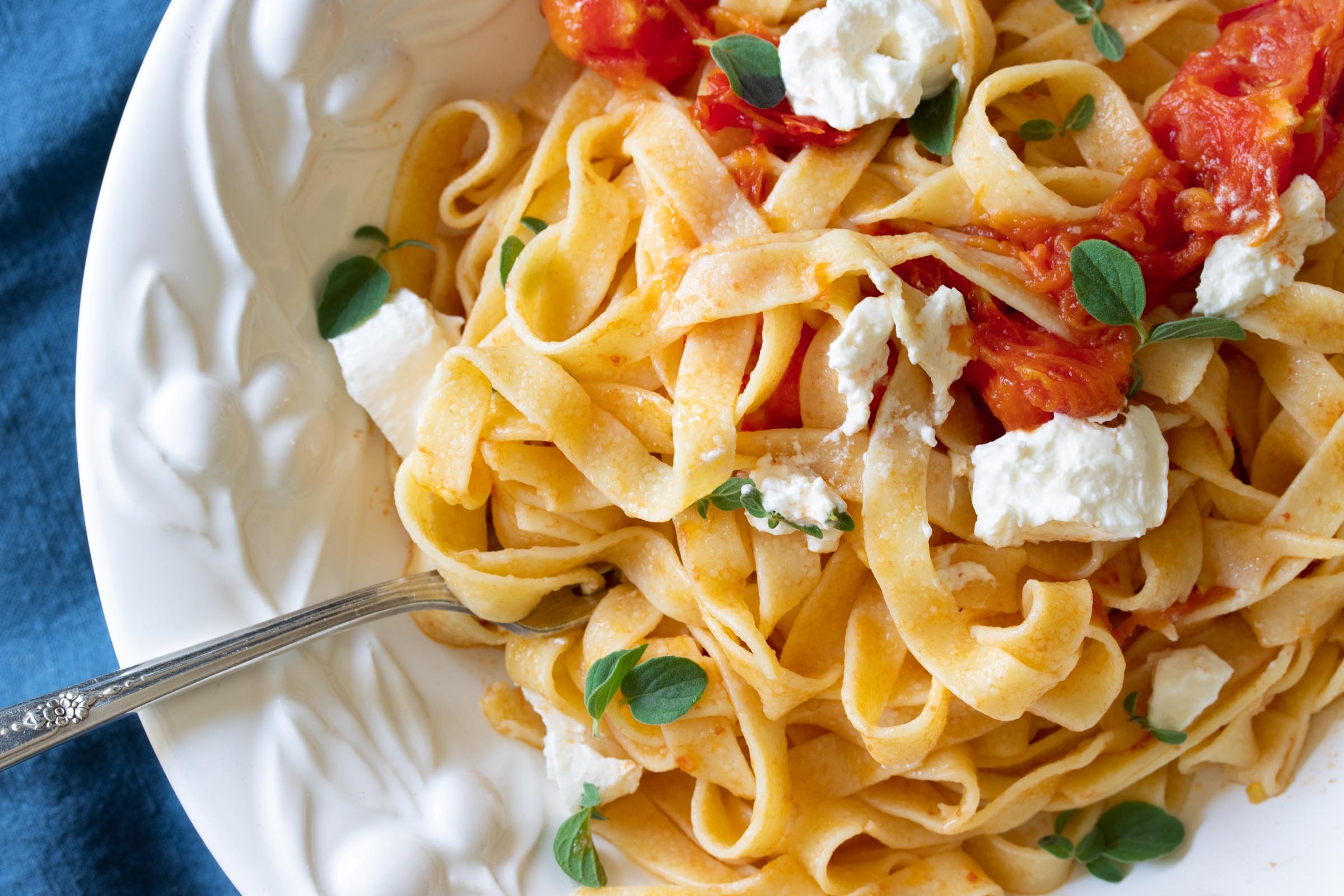 Burrata Cheese with Roasted Tomatoes and Fettuccine