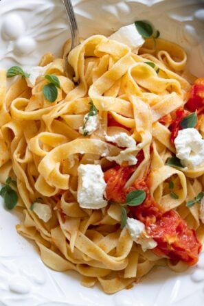 Burrata Cheese with Roasted Tomatoes and Fettuccine