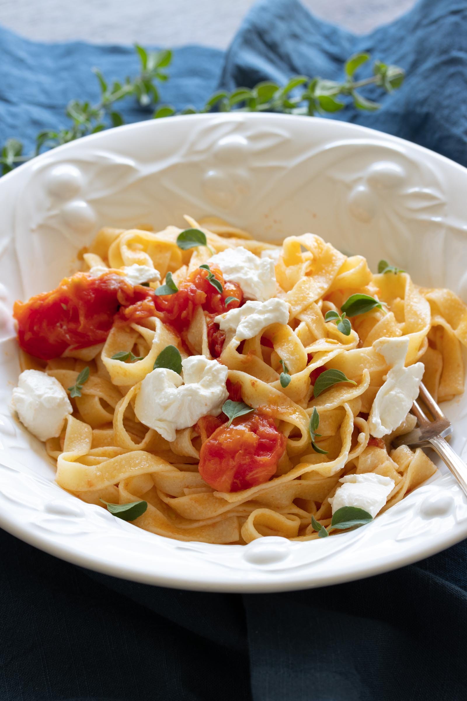 Burrata Cheese with Roasted Tomatoes and Fettuccine