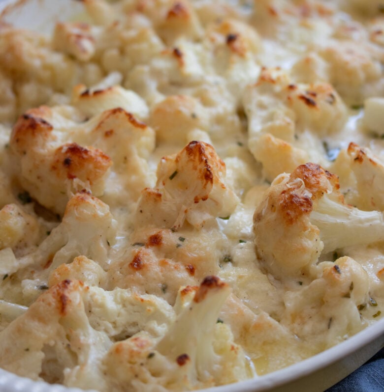 Cauliflower and Goat Cheese Gratin in a serving dish