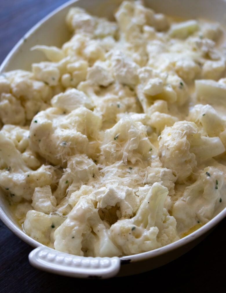 Cauliflower and Goat Cheese Gratin before going into the oven