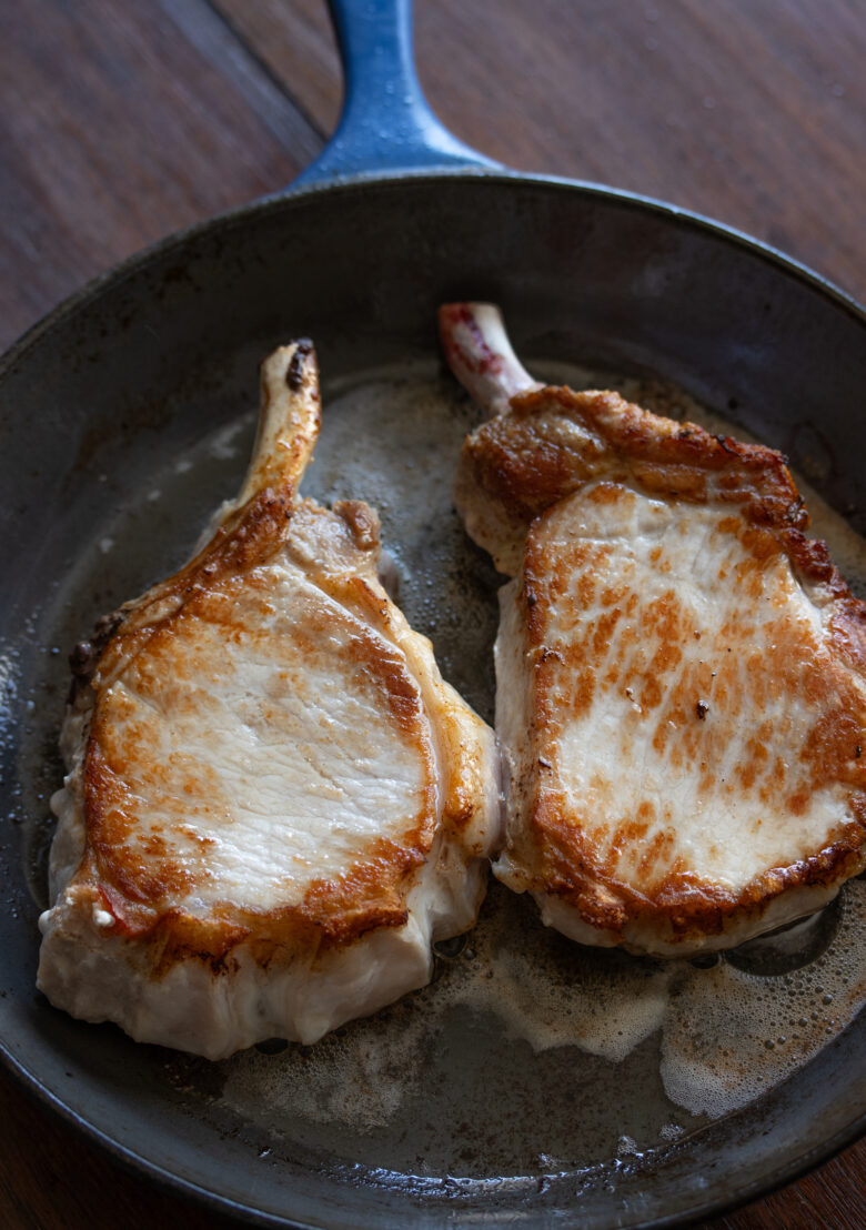 pork chps seared and ready to go in the oven