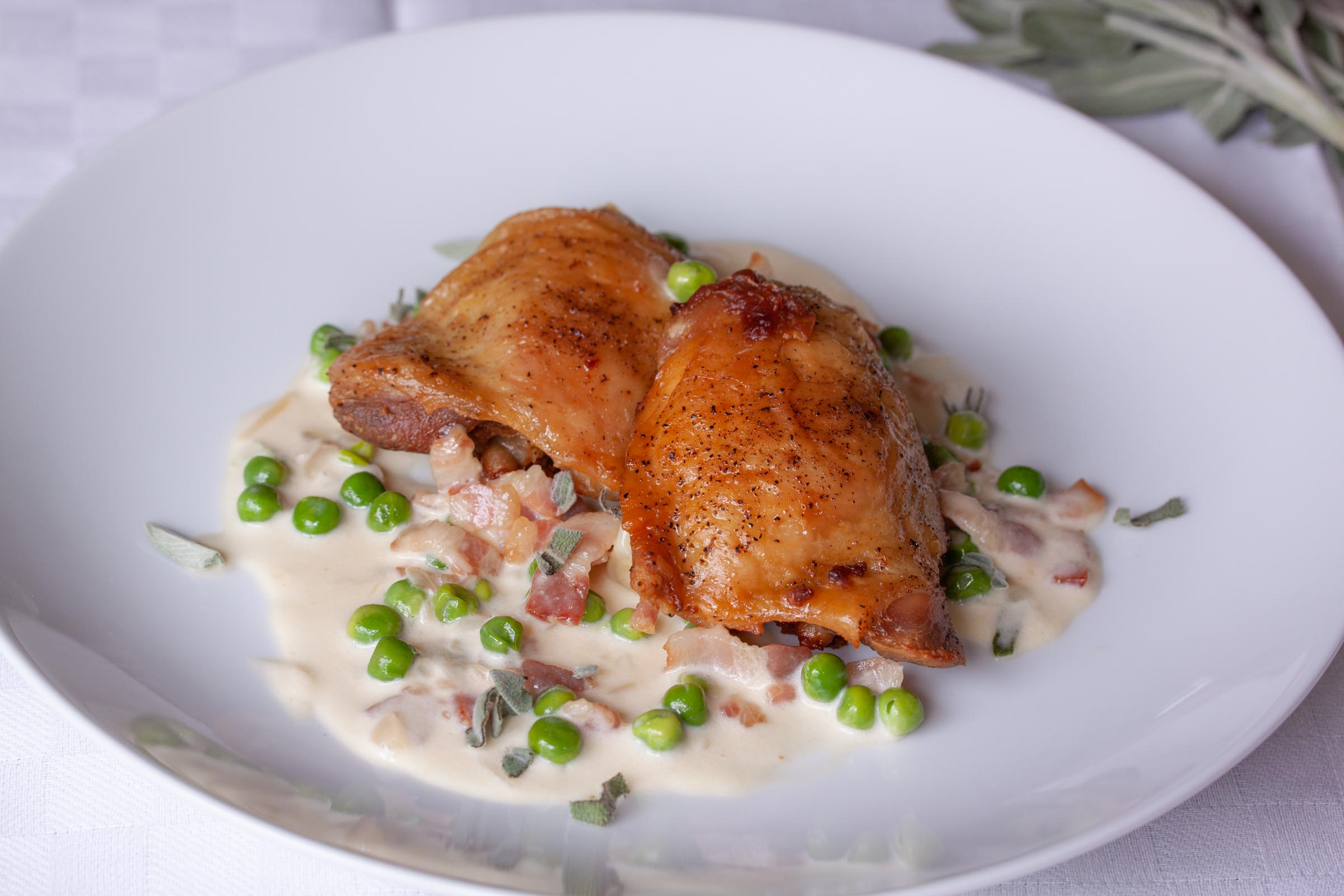 Chicken with Peas, Sage and Bacon