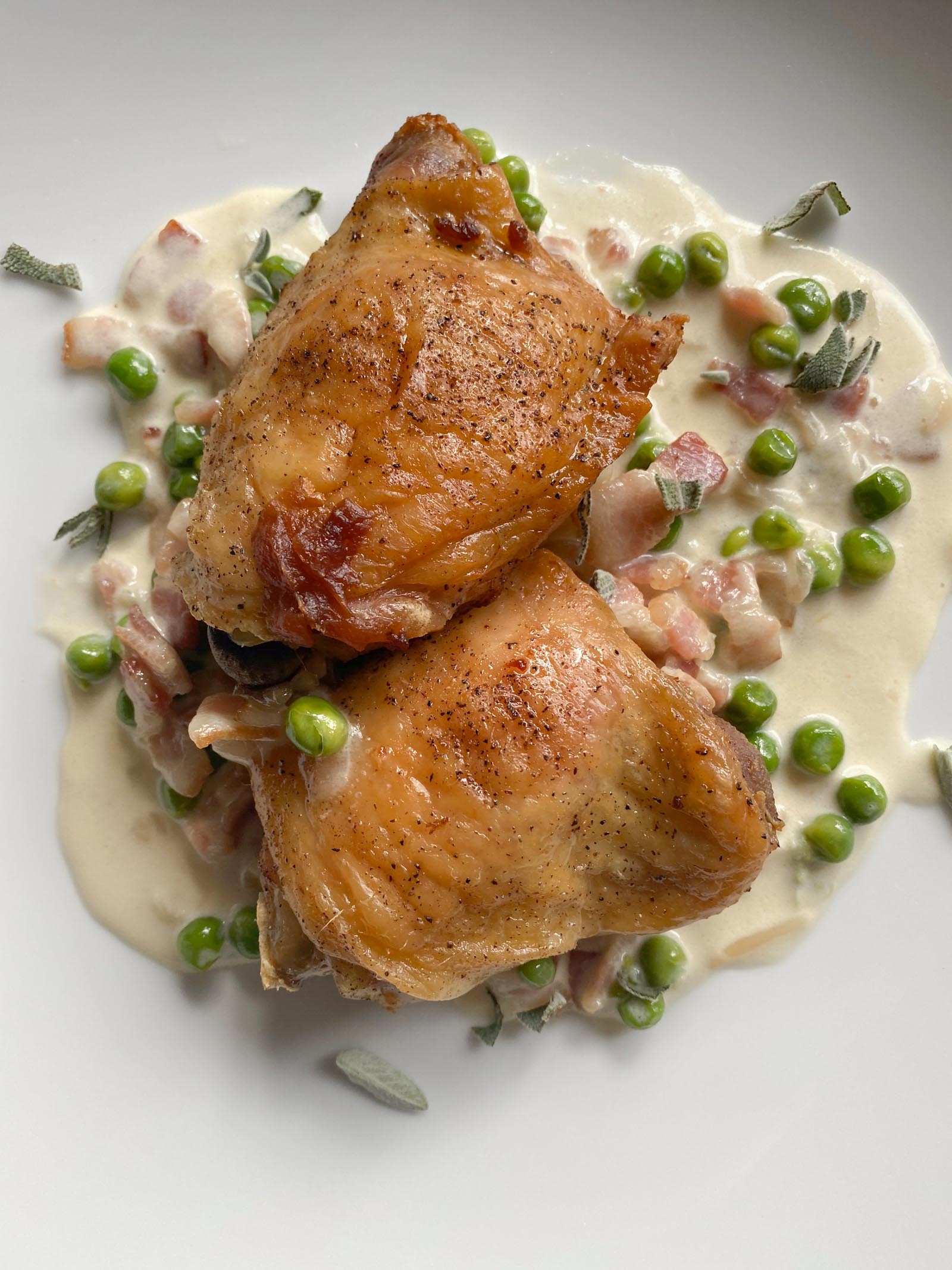 Chicken with Peas, Sage and Bacon