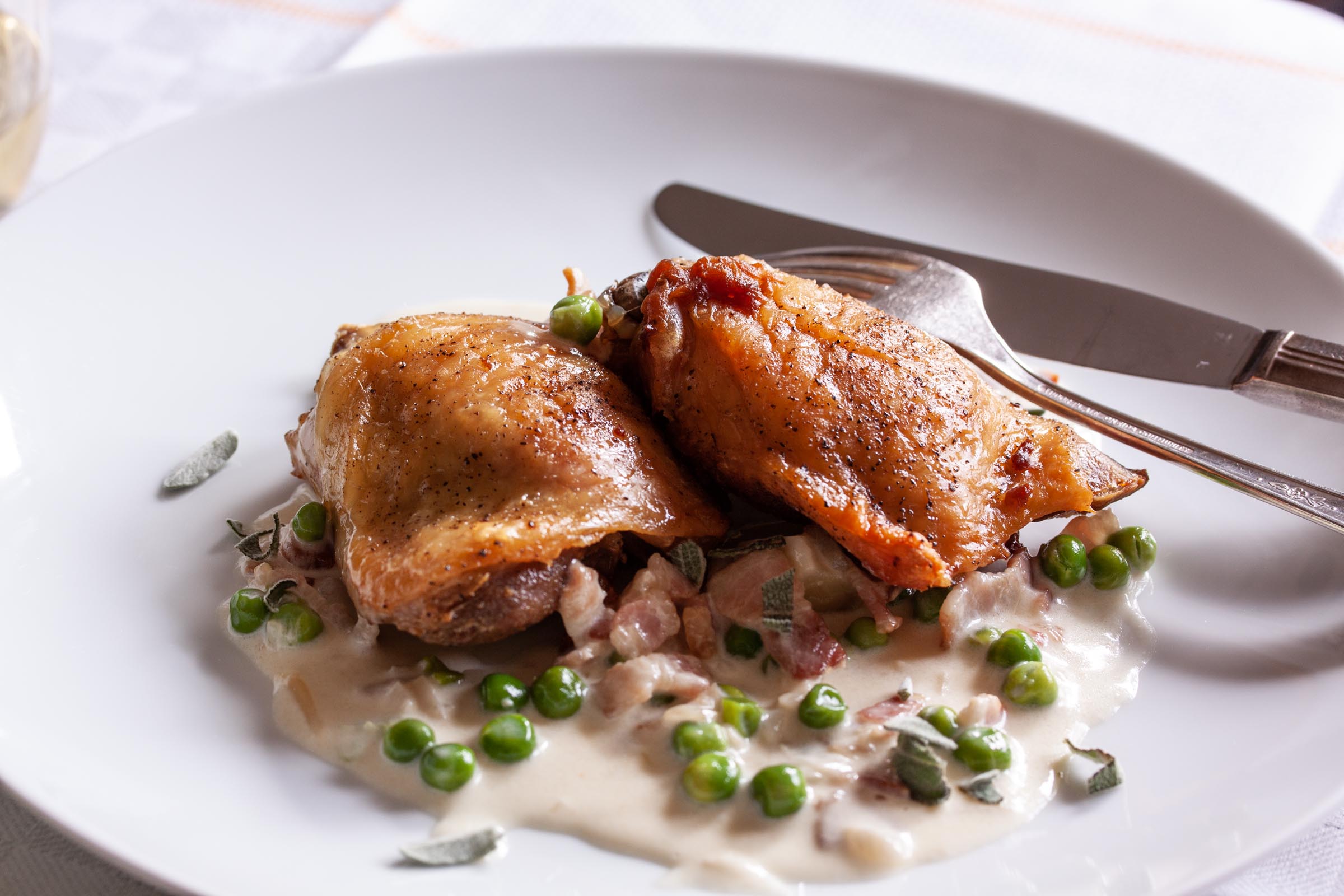 Chicken with Peas, Sage and Bacon