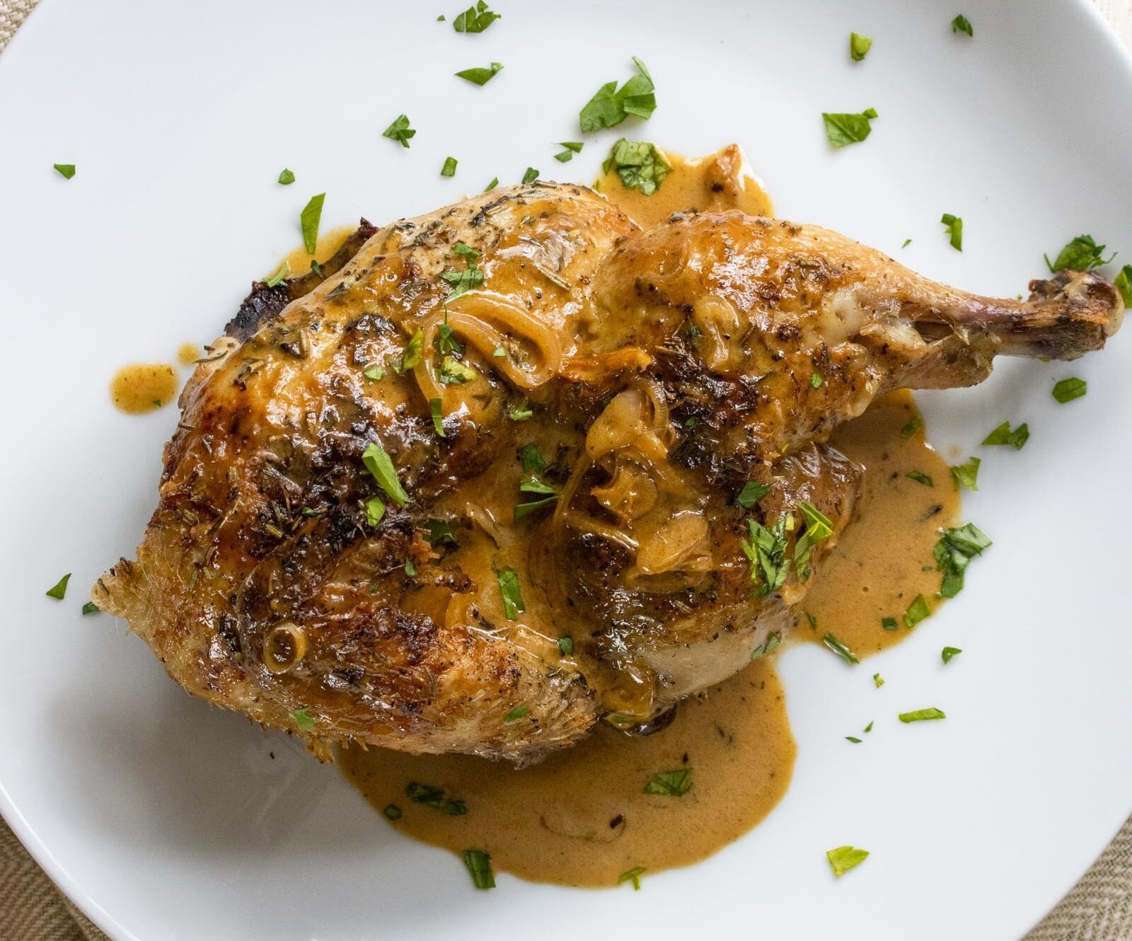 CORNISH GAME HEN WITH WHISKEY CREAM SAUCE