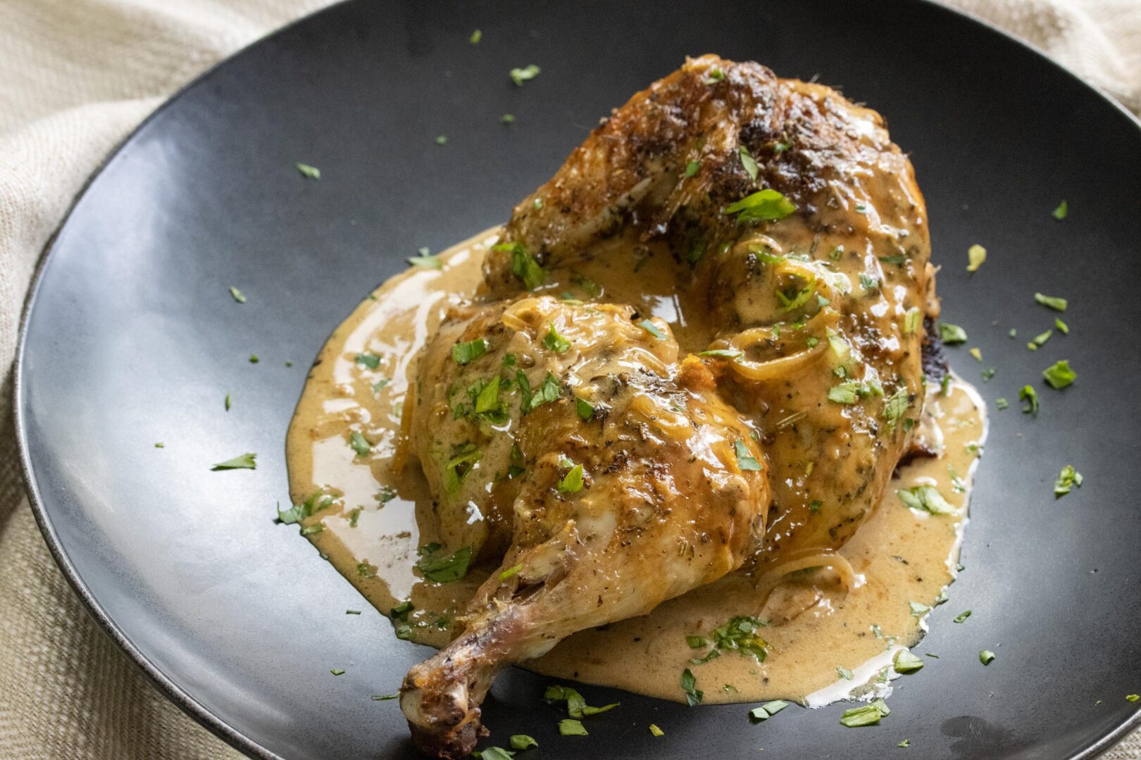 CORNISH GAME HEN WITH WHISKEY CREAM SAUCE