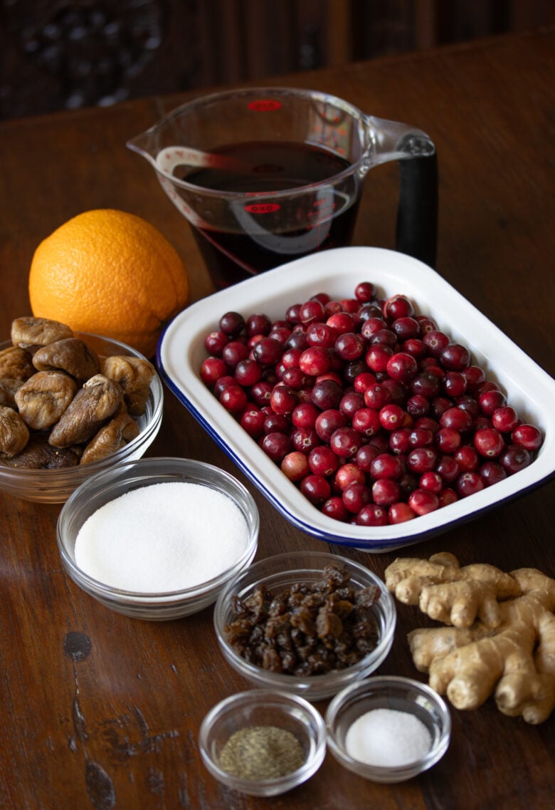 ingredients on table for cranberry chutney with red wine